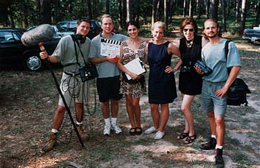 Producer Jason Lyon, PR Consultant Andrew Edmonson, camera assistant Emily Pedraza Hudson, Tessa Blake, Associate Producer Mary Weatherford, stills photographer Michael Todd Walker on location in Magnolia, Texas, July 4, 1996.